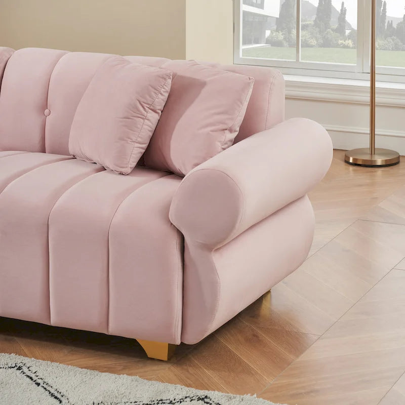 Canapé 3 places en velours rose 89 avec coussins à ressorts ensachés