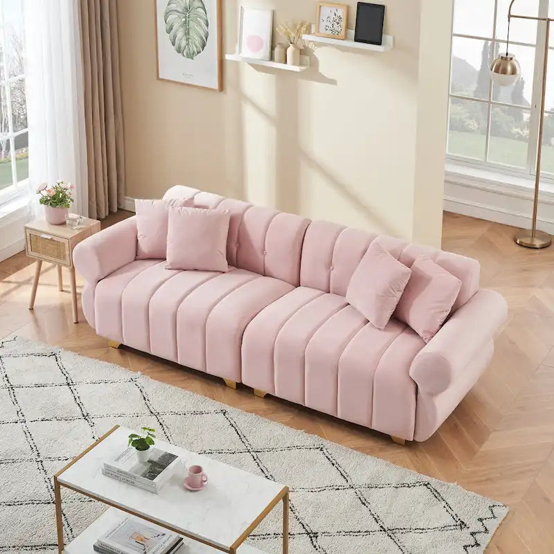 Canapé 3 places en velours rose 89 avec coussins à ressorts ensachés