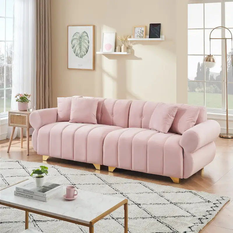 Canapé 3 places en velours rose 89 avec coussins à ressorts ensachés