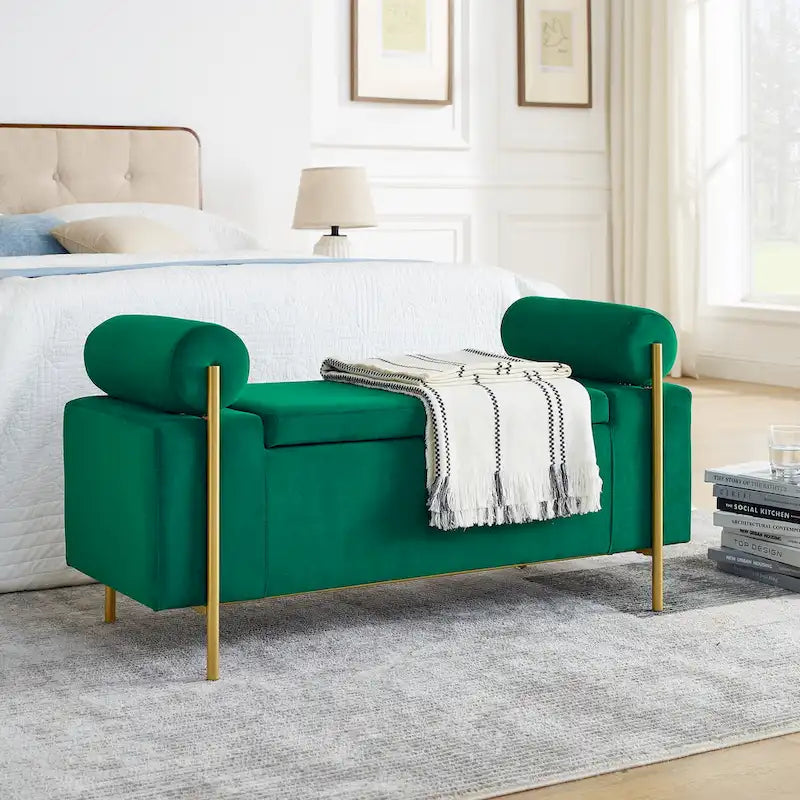 Banc de rangement Harper en lin avec accoudoirs cylindriques et pieds en métal doré