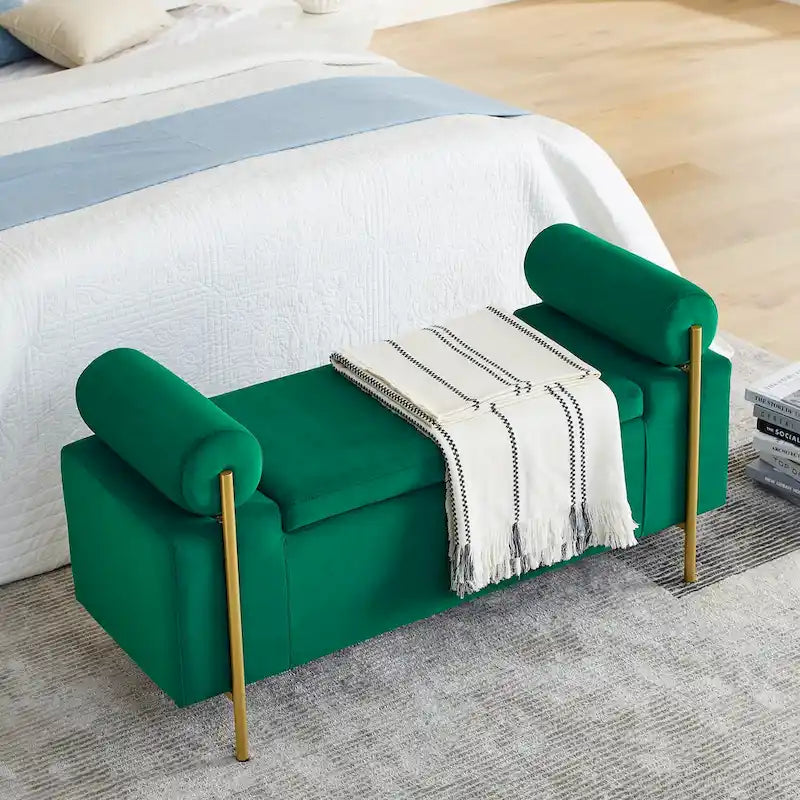 Banc de rangement Harper en lin avec accoudoirs cylindriques et pieds en métal doré