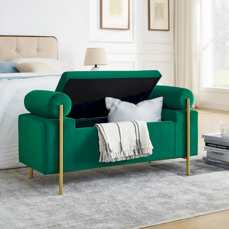 Banc de rangement Harper en lin avec accoudoirs cylindriques et pieds en métal doré