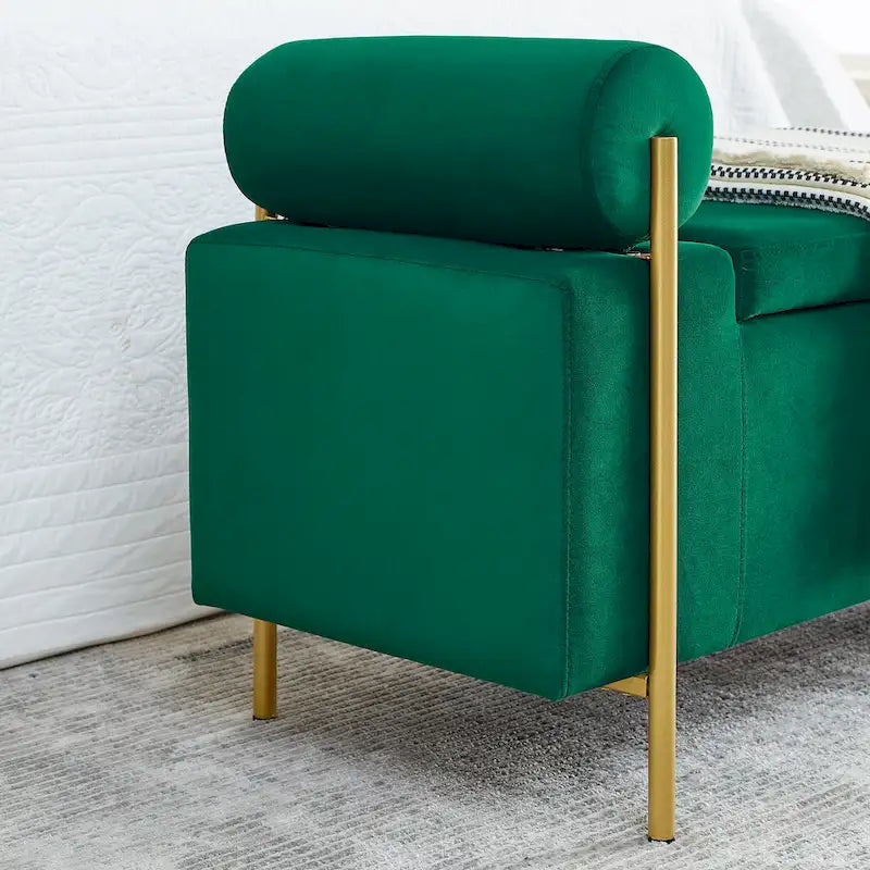Banc de rangement Harper en lin avec accoudoirs cylindriques et pieds en métal doré