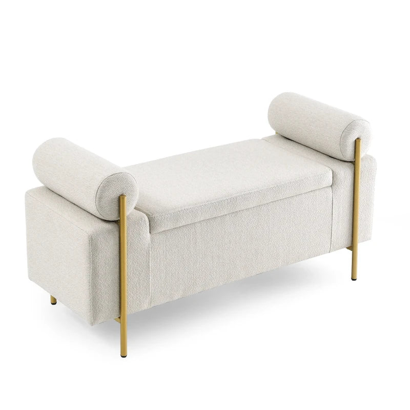 Banc de rangement Harper en lin avec accoudoirs cylindriques et pieds en métal doré