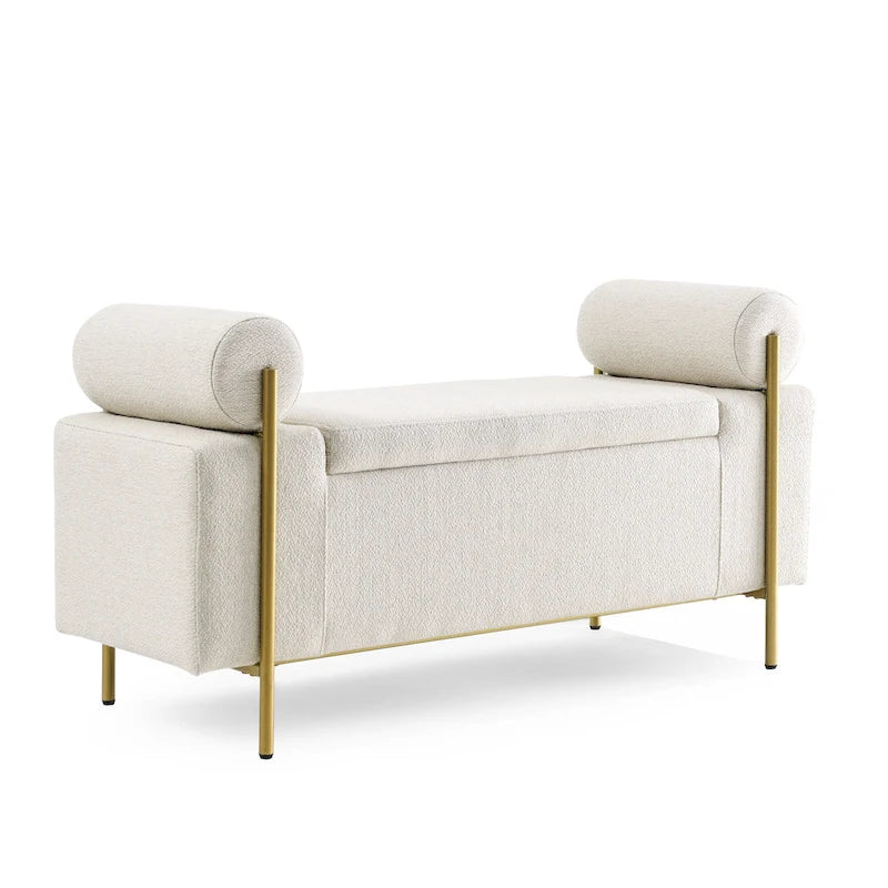 Banc de rangement Harper en lin avec accoudoirs cylindriques et pieds en métal doré