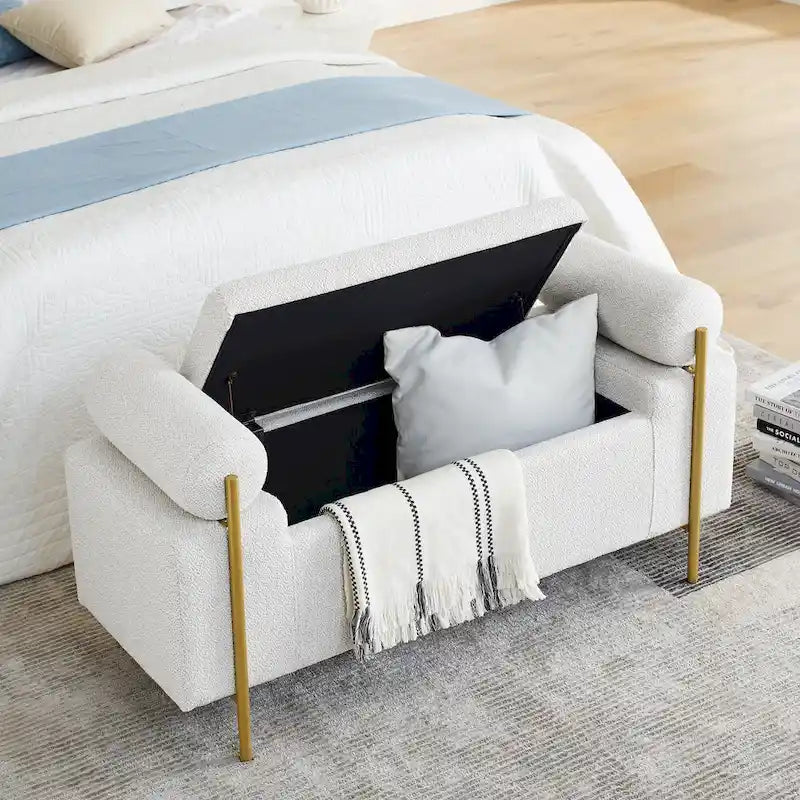Banc de rangement Harper en lin avec accoudoirs cylindriques et pieds en métal doré