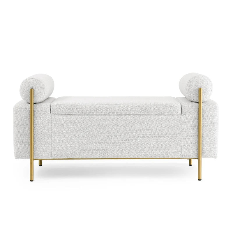 Banc de rangement Harper en lin avec accoudoirs cylindriques et pieds en métal doré