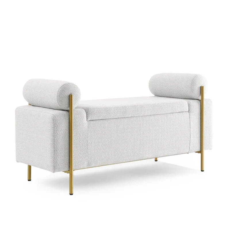 Banc de rangement Harper en lin avec accoudoirs cylindriques et pieds en métal doré
