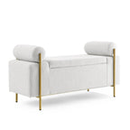 Banc de rangement Harper en lin avec accoudoirs cylindriques et pieds en métal doré