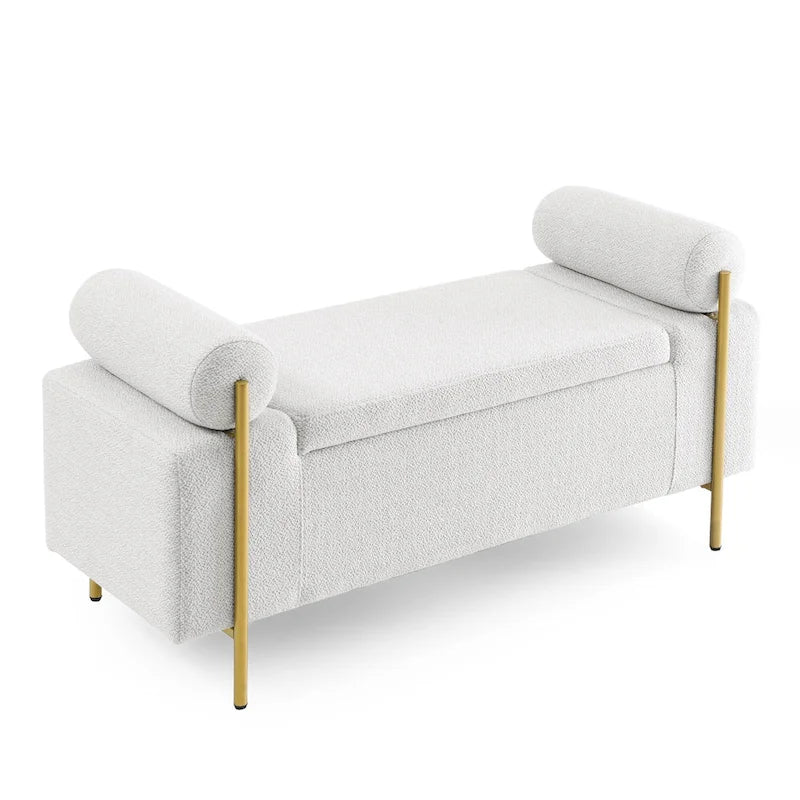 Banc de rangement Harper en lin avec accoudoirs cylindriques et pieds en métal doré