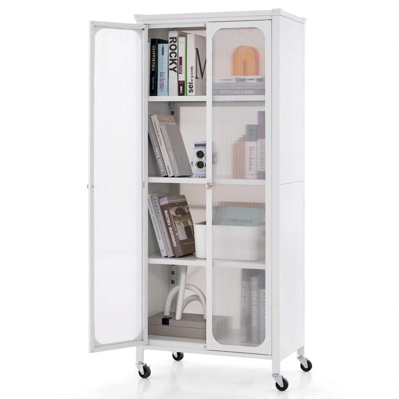 Meuble de rangement à roulettes et 2 portes translucides, étagères réglables