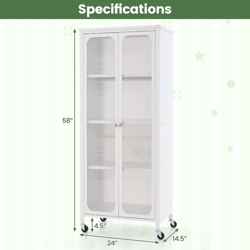 Meuble de rangement à roulettes et 2 portes translucides, étagères réglables