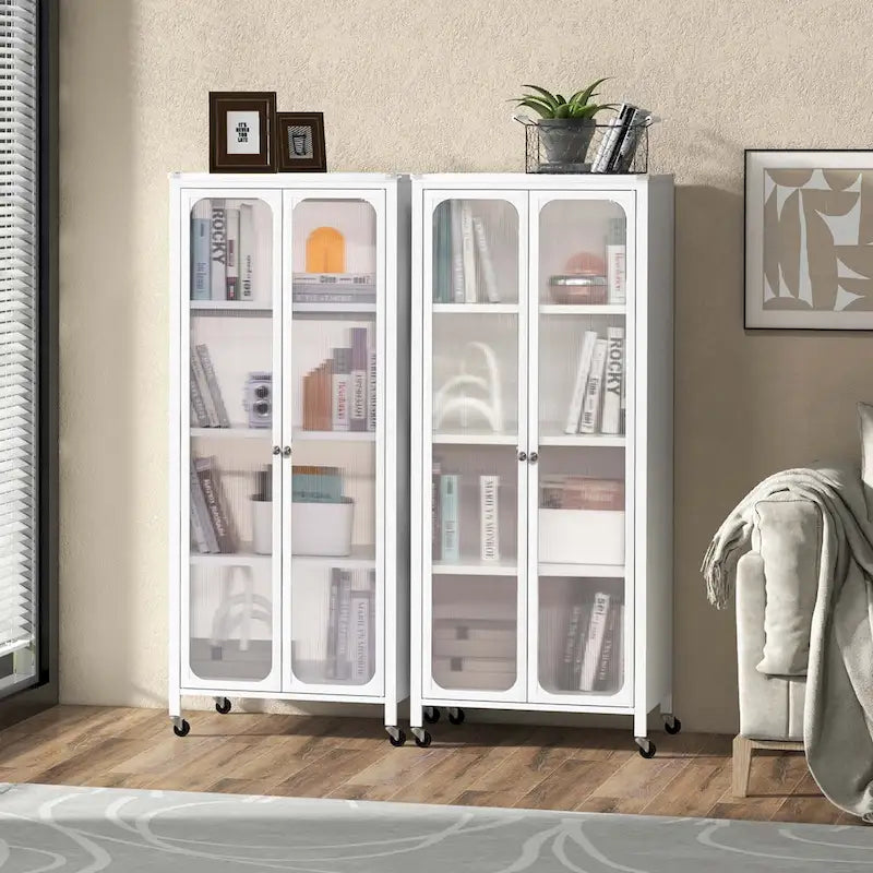 Meuble de rangement à roulettes et 2 portes translucides, étagères réglables
