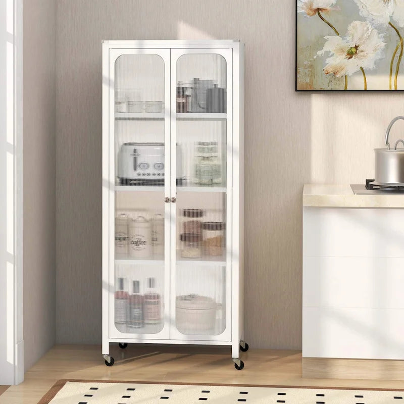 Meuble de rangement à roulettes et 2 portes translucides, étagères réglables