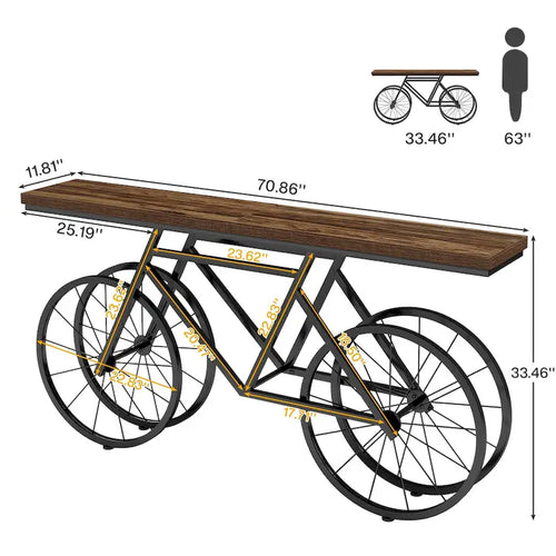 Console extra longue de 180 cm avec base en métal de vélo pour entrée, salon - 30P x 180L x 85H cm