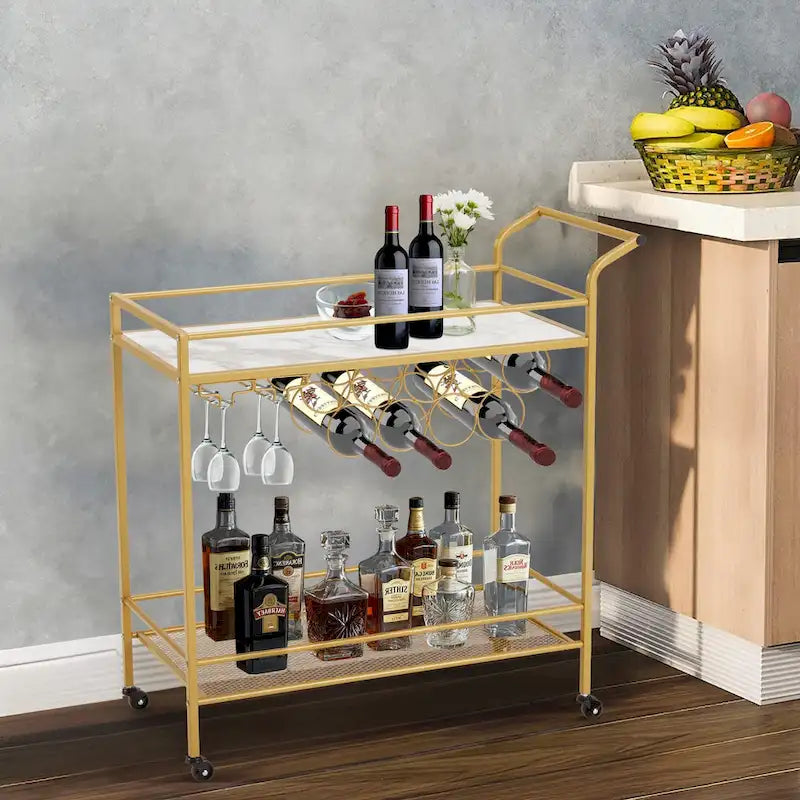 Chariot de bar doré avec roues, chariot à liqueur roulant avec porte-bouteilles et porte-verres, chariot de bar moderne pour cuisine à domicile