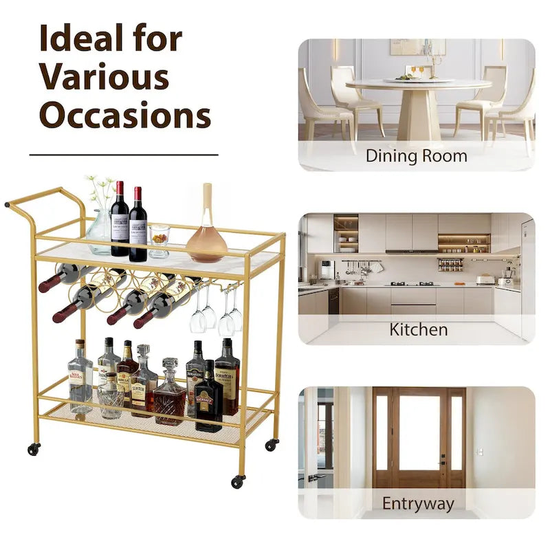 Chariot de bar doré avec roues, chariot à liqueur roulant avec porte-bouteilles et porte-verres, chariot de bar moderne pour cuisine à domicile