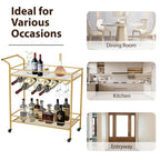 Chariot de bar doré avec roues, chariot à liqueur roulant avec porte-bouteilles et porte-verres, chariot de bar moderne pour cuisine à domicile