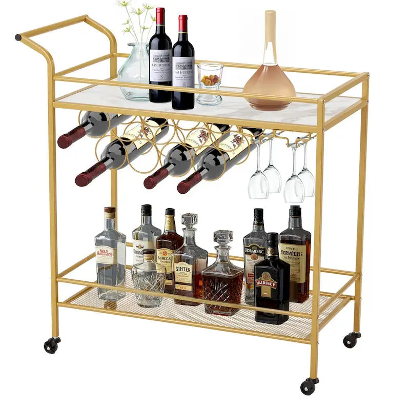 Chariot de bar doré avec roues, chariot à liqueur roulant avec porte-bouteilles et porte-verres, chariot de bar moderne pour cuisine à domicile