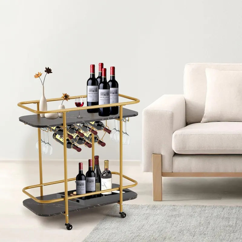 Chariot de bar doré avec roues, chariot à liqueur roulant avec porte-bouteilles et porte-verres, chariot de bar moderne pour cuisine à domicile