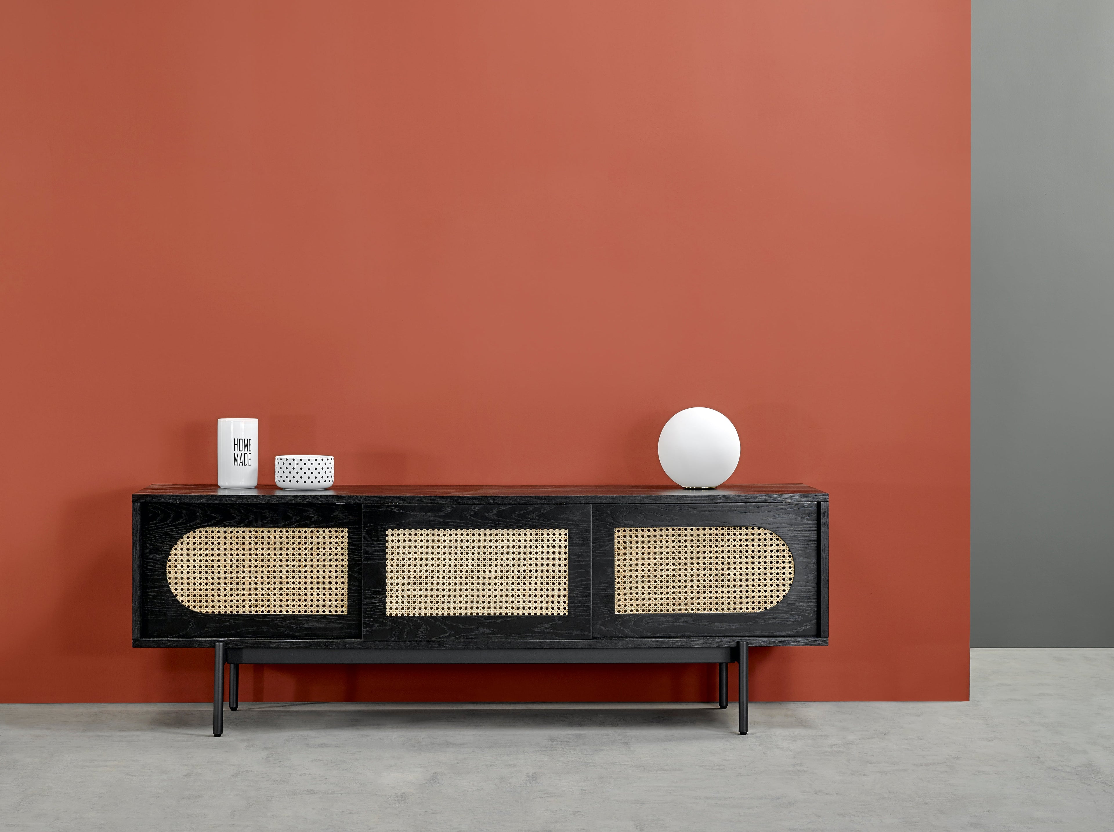 Black Oak Veneer TV Cabinet with Cane Detail & Sliding Doors for Living Room