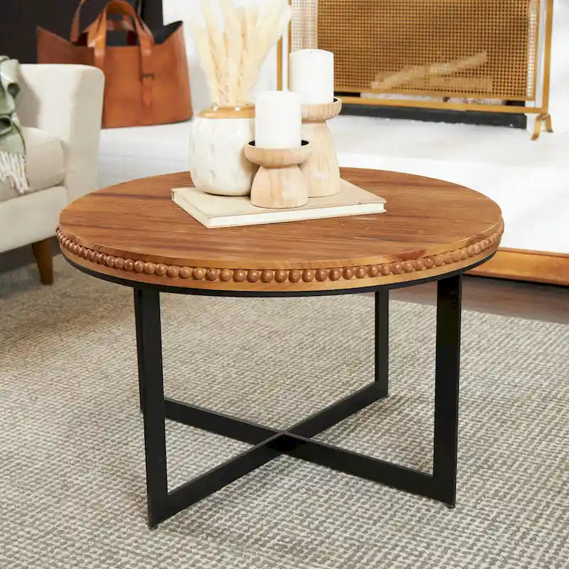 Table basse en bois perlé avec base en métal en X - Marron - 76,2 x 76,2 x 40,6 cm