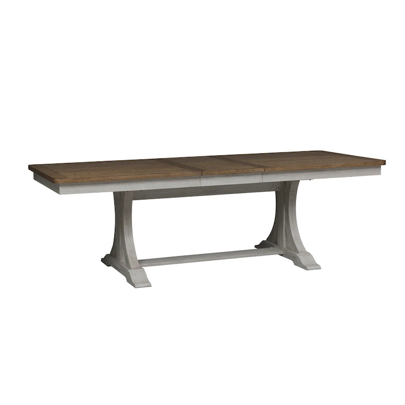 Table de salle à manger avec tréteaux, chaises et banc blanc antique, style ferme revisité
