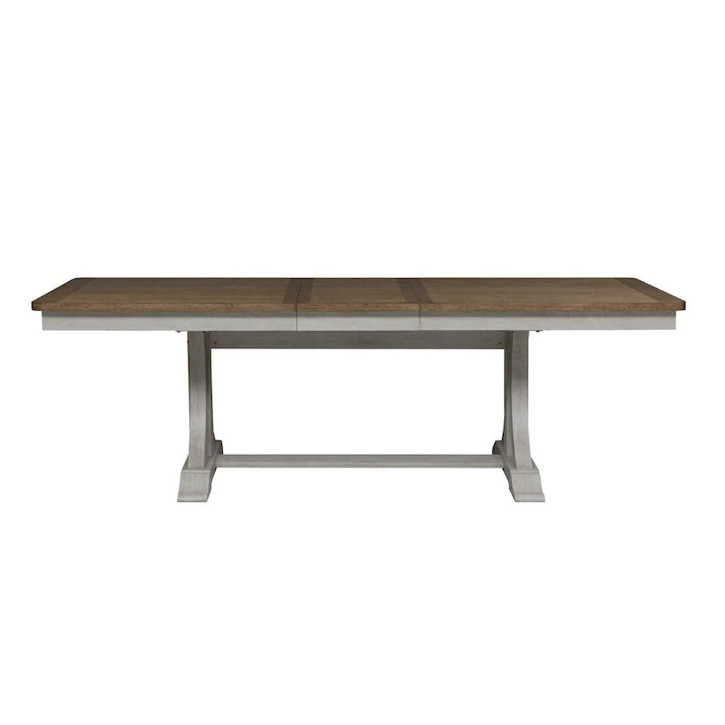 Table de salle à manger avec tréteaux, chaises et banc blanc antique, style ferme revisité