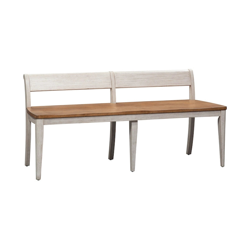 Table de salle à manger avec tréteaux, chaises et banc blanc antique, style ferme revisité