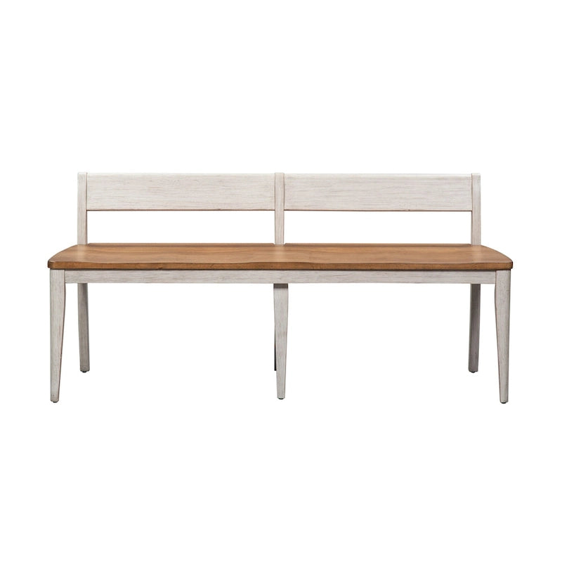 Table de salle à manger avec tréteaux, chaises et banc blanc antique, style ferme revisité