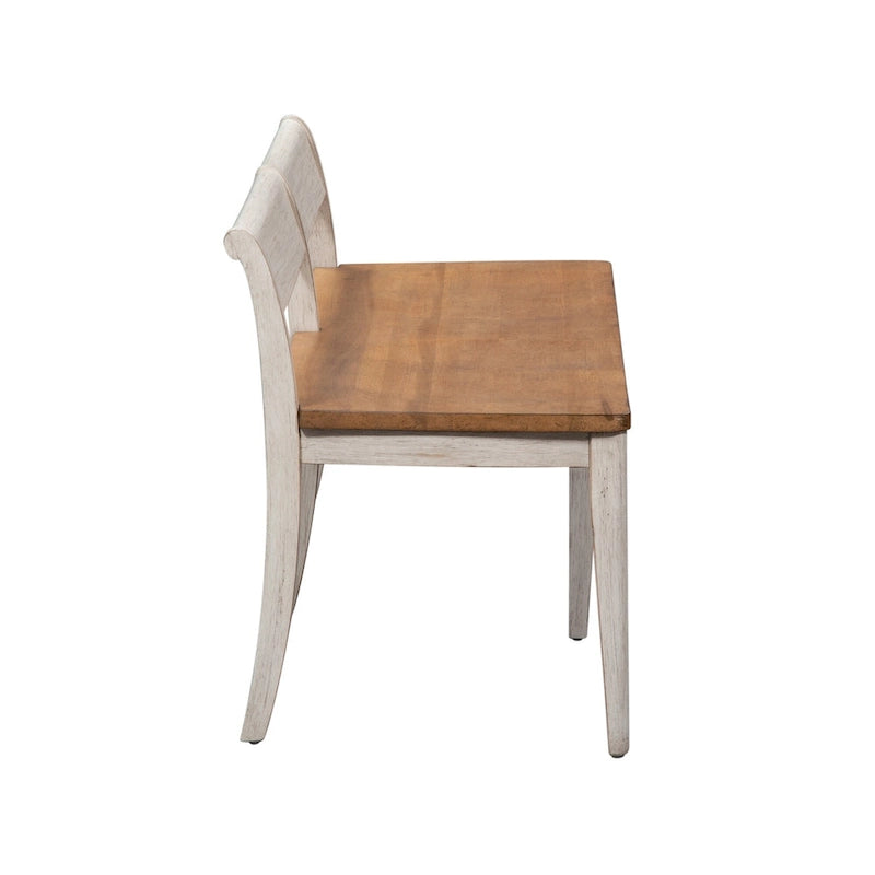 Table de salle à manger avec tréteaux, chaises et banc blanc antique, style ferme revisité