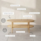 Table basse ovale à 2 niveaux Sonia Bohemian en bois clair avec étagère de rangement en rotin