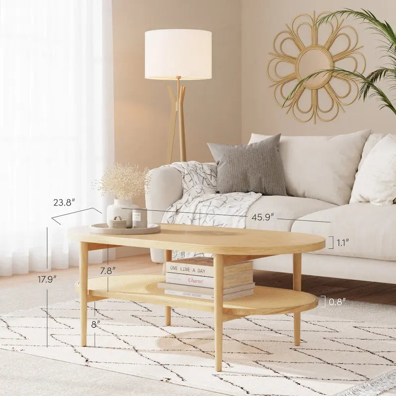Table basse ovale à 2 niveaux Sonia Bohemian en bois clair avec étagère de rangement en rotin