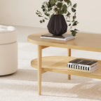 Table basse ovale à 2 niveaux Sonia Bohemian en bois clair avec étagère de rangement en rotin