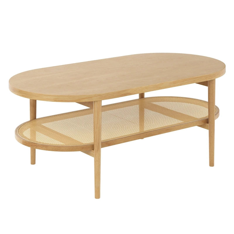 Table basse ovale à 2 niveaux Sonia Bohemian en bois clair avec étagère de rangement en rotin