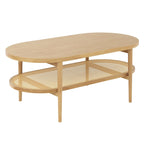 Table basse ovale à 2 niveaux Sonia Bohemian en bois clair avec étagère de rangement en rotin