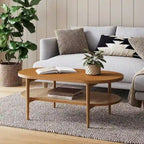 Table basse ovale à 2 niveaux Sonia Bohemian en bois clair avec étagère de rangement en rotin