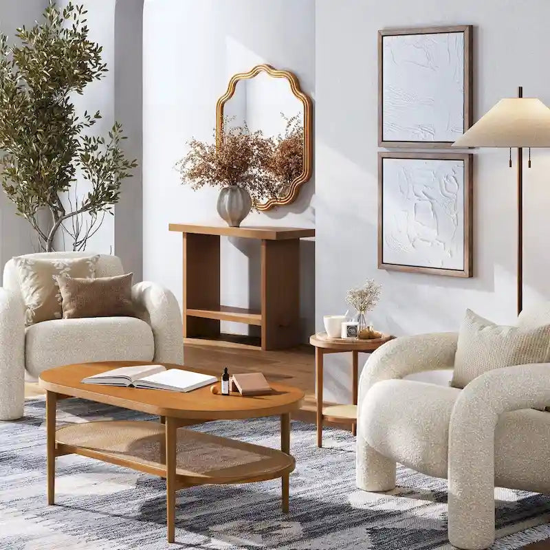 Table basse ovale à 2 niveaux Sonia Bohemian en bois clair avec étagère de rangement en rotin