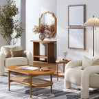 Table basse ovale à 2 niveaux Sonia Bohemian en bois clair avec étagère de rangement en rotin