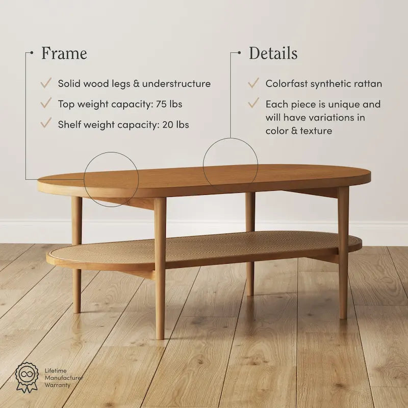 Table basse ovale à 2 niveaux Sonia Bohemian en bois clair avec étagère de rangement en rotin