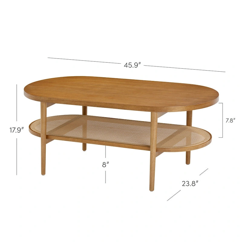 Table basse ovale à 2 niveaux Sonia Bohemian en bois clair avec étagère de rangement en rotin