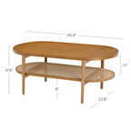 Table basse ovale à 2 niveaux Sonia Bohemian en bois clair avec étagère de rangement en rotin