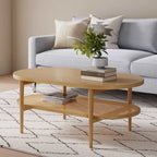 Table basse ovale à 2 niveaux Sonia Bohemian en bois clair avec étagère de rangement en rotin