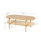 Table basse ovale à 2 niveaux Sonia Bohemian en bois clair avec étagère de rangement en rotin