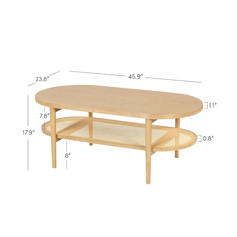 Table basse ovale à 2 niveaux Sonia Bohemian en bois clair avec étagère de rangement en rotin