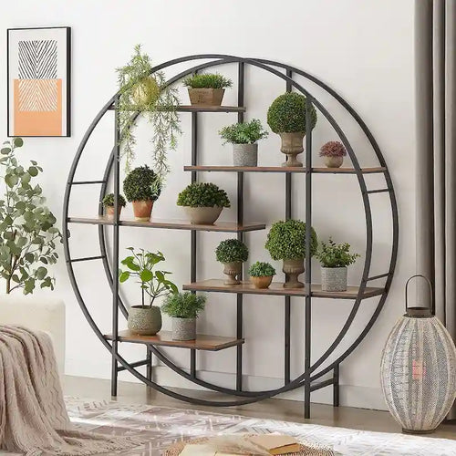 Étagère de présentation vintage ronde à 5 niveaux avec cadre en métal noir