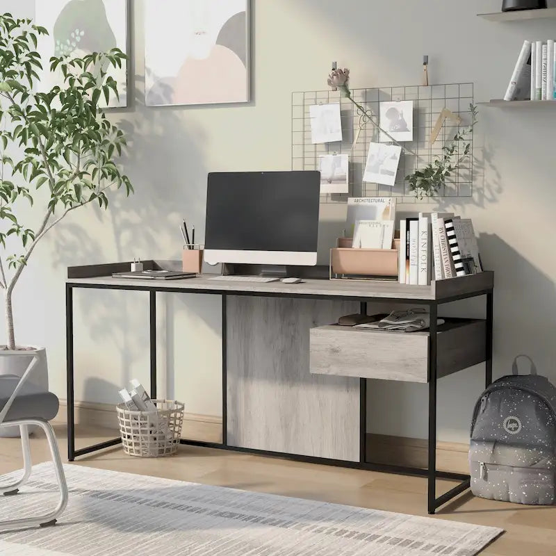 Bureau d'ordinateur Jaxon Industrial en acier de 63 pouces avec ports USB