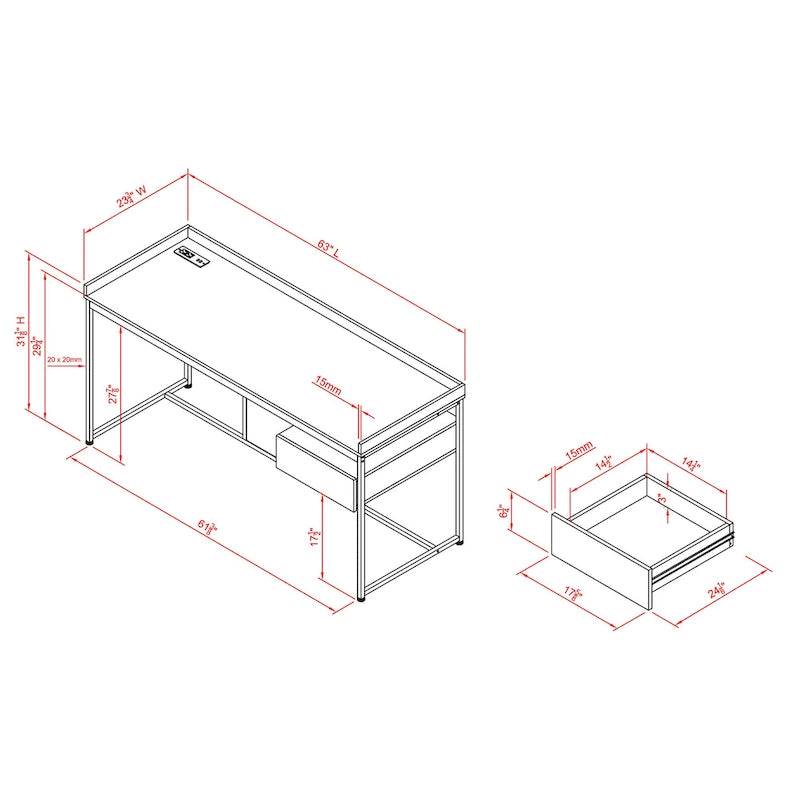 Bureau d'ordinateur Jaxon Industrial en acier de 63 pouces avec ports USB