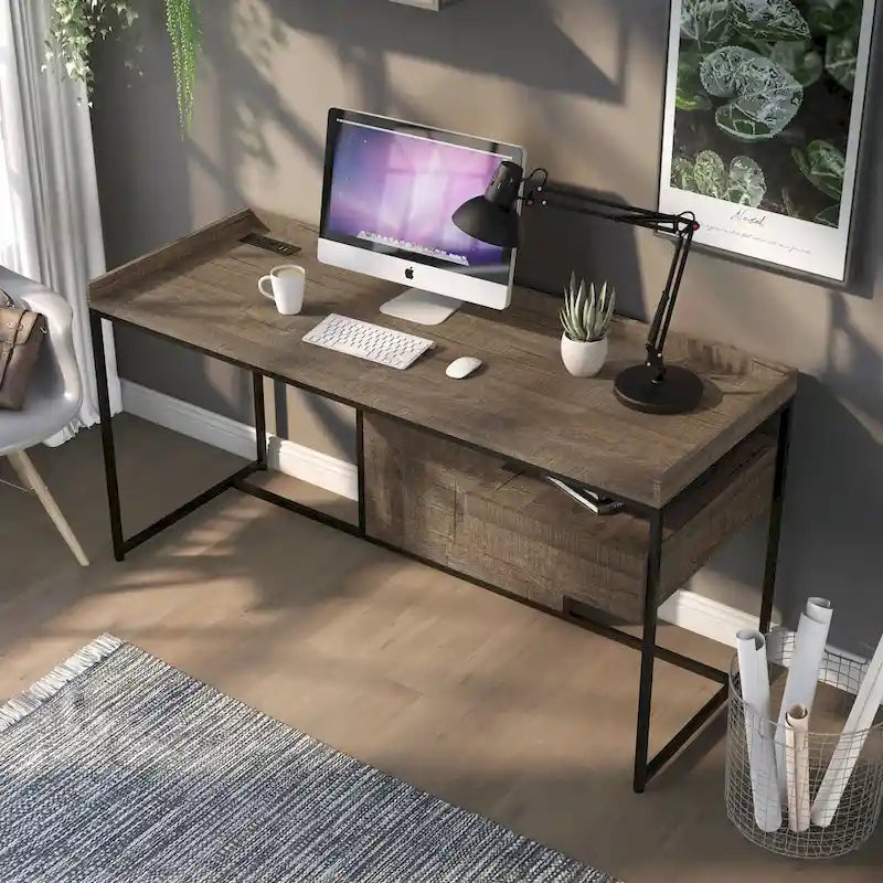 Bureau d'ordinateur Jaxon Industrial en acier de 63 pouces avec ports USB