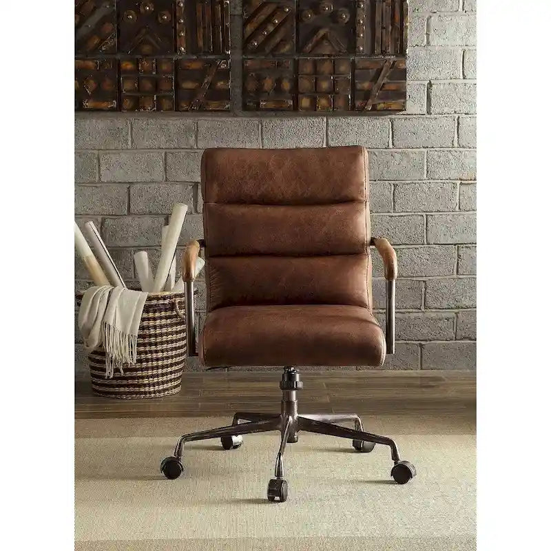 Fauteuil de bureau Harith, cuir pleine fleur marron rétro